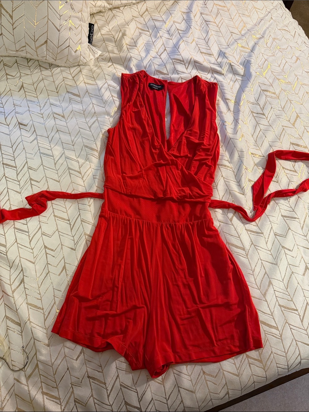 bebe Red Sleeveless Wrap-Style Mini Romper